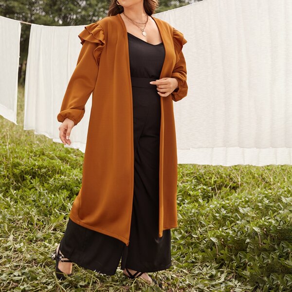

Plus Ruffle Trim Solid Kimono, Brown