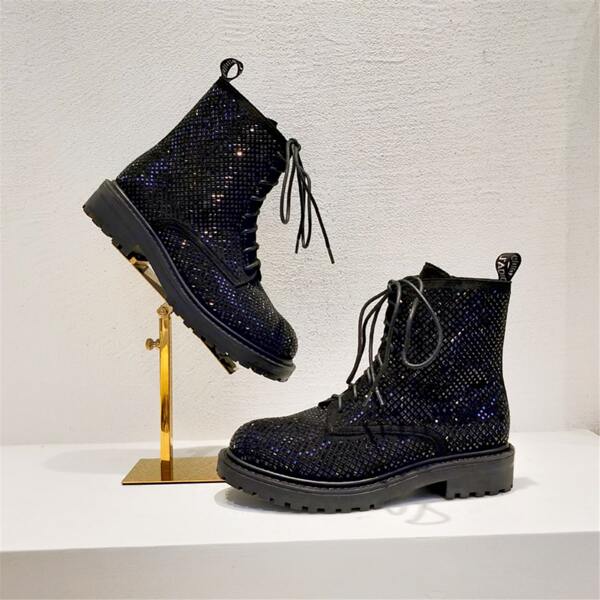 

Allover Rhinestone Decor Combat Boots, Black