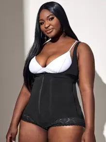 Plus Lace Trim Zip-up Shapewear Romper - Black - View 3