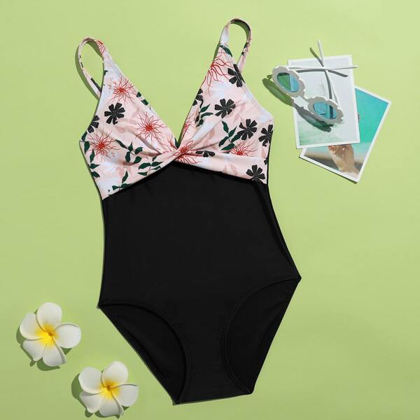 

Girls Random Floral One Piece Swimsuit, Multicolor