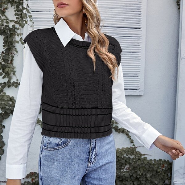 

Round Neck Striped Cable Knit Sweater Vest, Dark grey