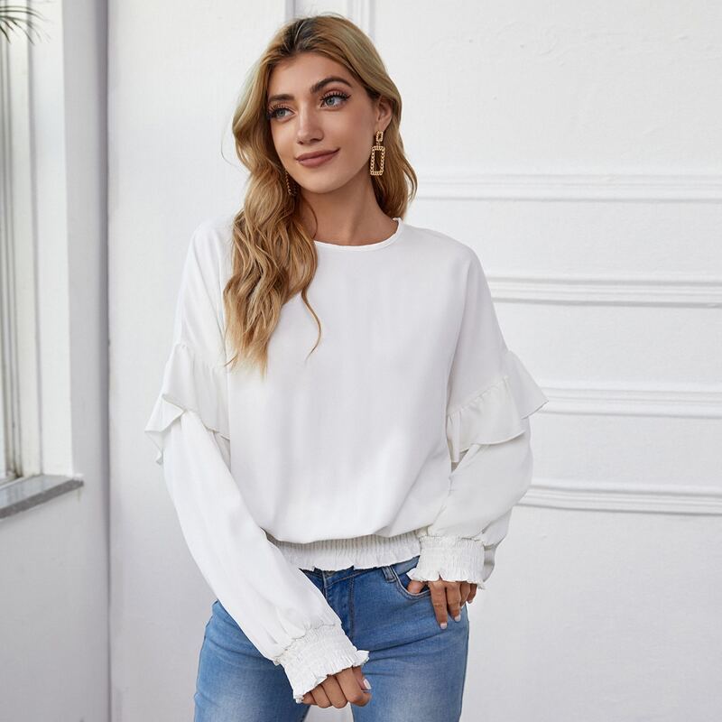 

Drop Shoulder Keyhole Back Ruffle Trim Shirred Top, White