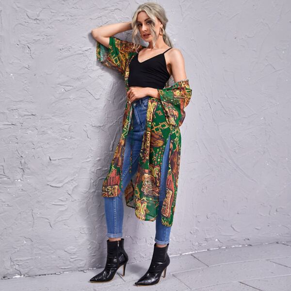 

Tie Front Split Thigh Allover Print Kimono, Multicolor