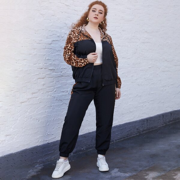 

Plus Leopard Spliced Hooded Jacket With Joggers, Black