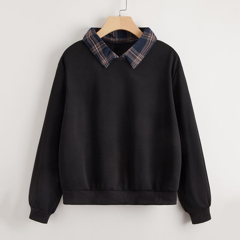 

Contrast Plaid-Collar Sweatshirt, Black