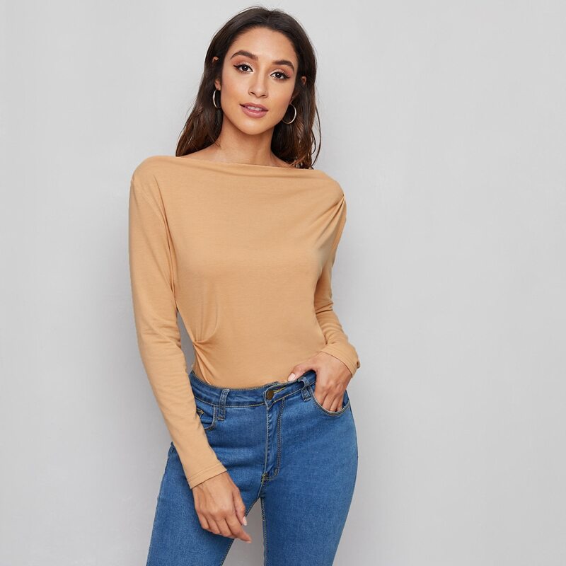 

Boat Neck Ruched Solid Tee, Apricot