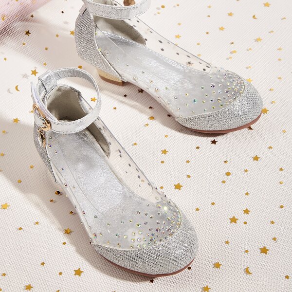 

Toddler Girls Clear Rhinestone Decor Ankle Strap Flats, Silver