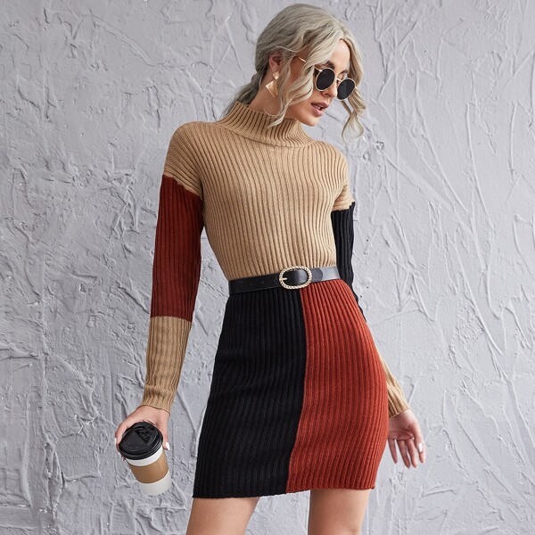 

High Neck Color Block Sweater Dress Without Belt, Khaki
