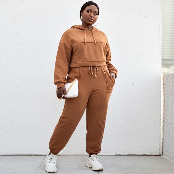 

Plus Drawstring Detail Pouch Pocket Hoodie & Joggers Set, Brown