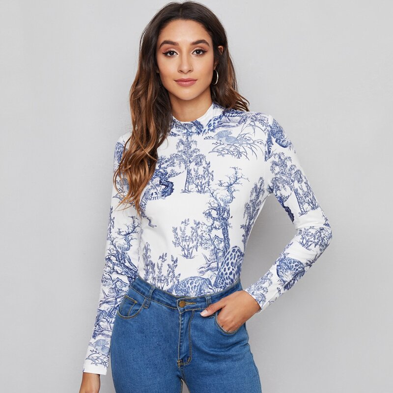 

Mock-Neck Landscape Print Top, Blue and white
