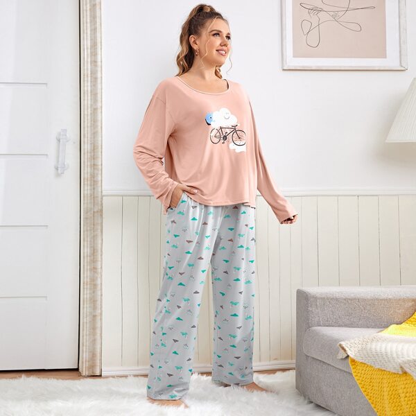 

Plus Cartoon Graphic Pajama Set, Multicolor