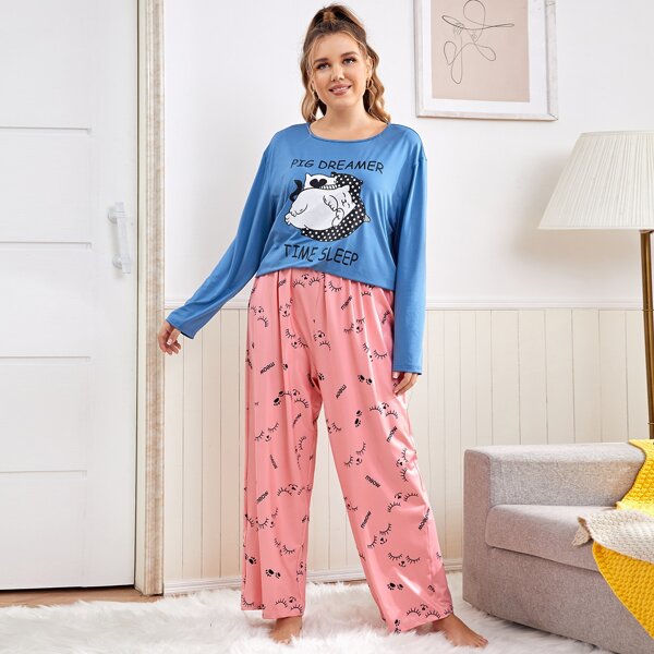 

Plus Letter And Cartoon Graphic PJ Set, Multicolor