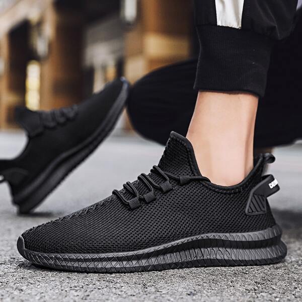 

Men Lace-up Decor Knit Sneakers, Black