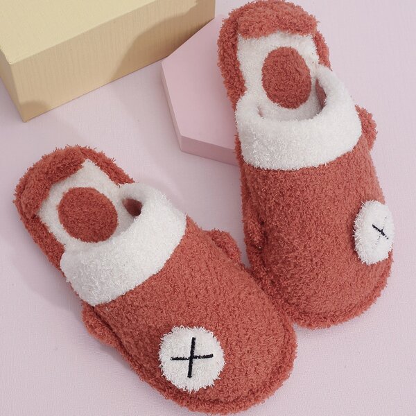 

Embroidered Detail Fluffy Novelty Slippers, Red