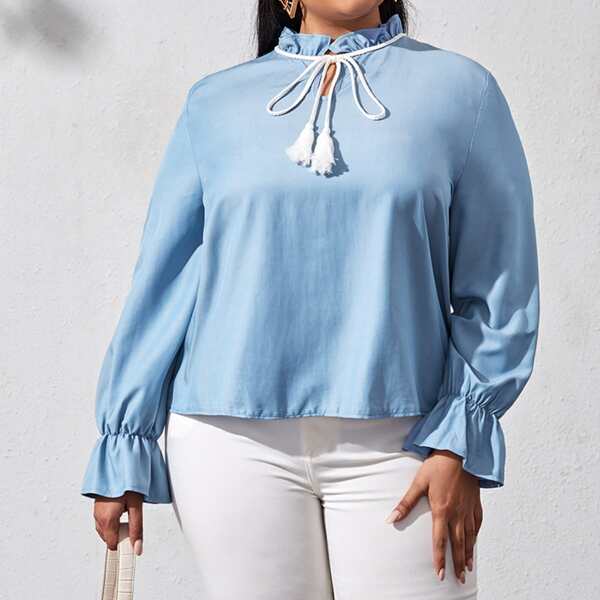 

Plus Tie Neck Flounce Sleeve Denim Blouse, Light wash