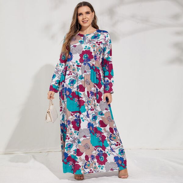

Plus All Over Floral Print Keyhole Neck Smock Dress, Multicolor