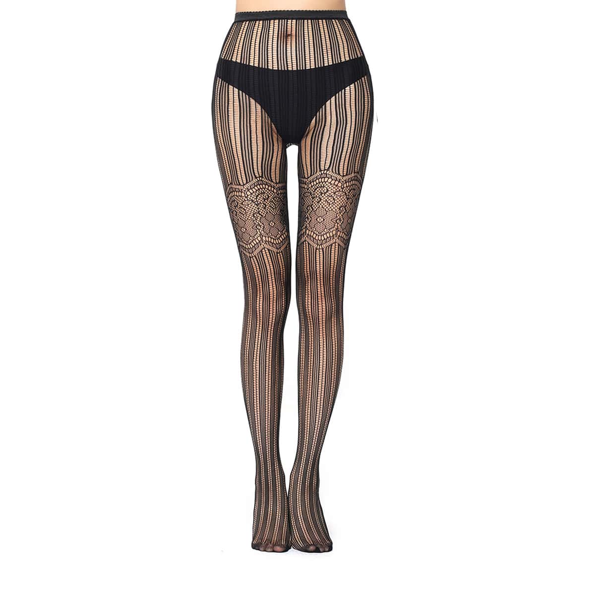 

Floral Striped Fishnet Tights, Black