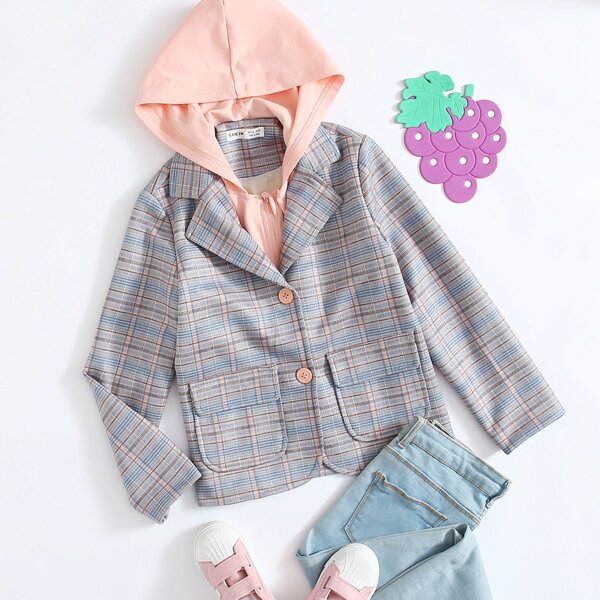 

Girls Flap Pocket Plaid 2 In 1 Coat, Multicolor