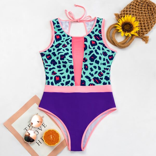 

Leopard Contrast Mesh One Piece Swimsuit, Multicolor