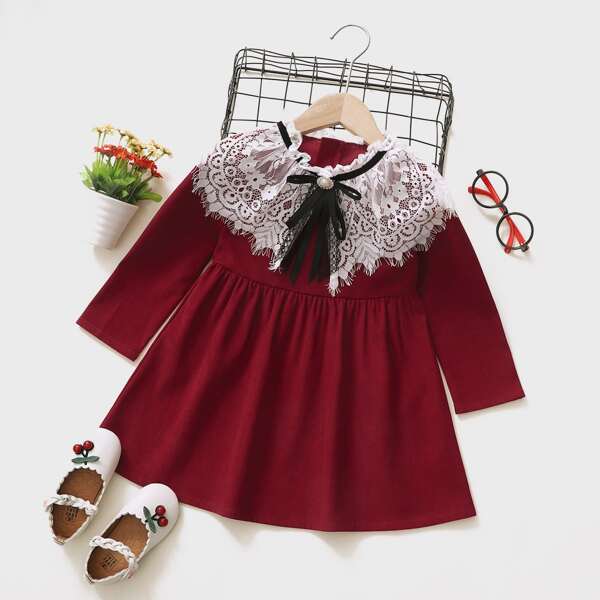 

Toddler Girls Contrast Lace Panel Smock Dress, Burgundy