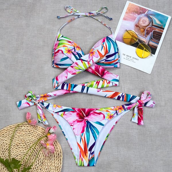 

Tropical Wrap Tie Side Bikini Swimsuit, Multicolor