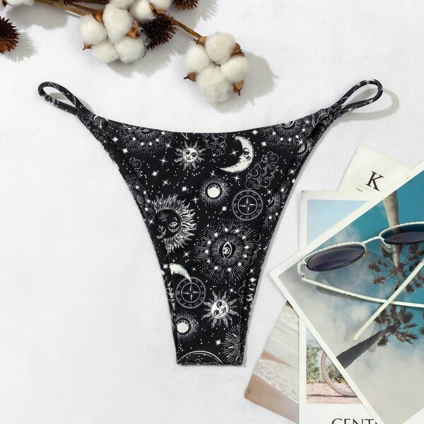 

Sun & Moon Print Thong Bikini Panty, Black and white