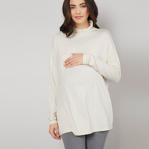 

Maternity Funnel Neck Drop Shoulder Top, Beige