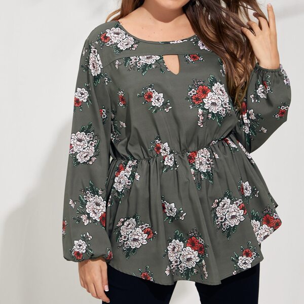 

Plus Floral Print Keyhole Neck Peplum Blouse, Grey