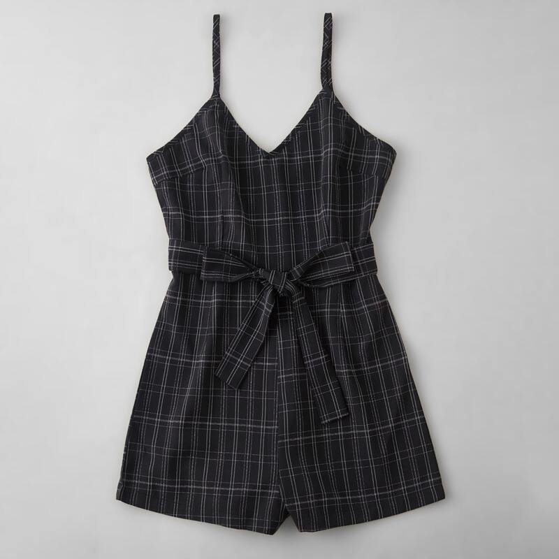 

Plaid Romper With Belt, Black