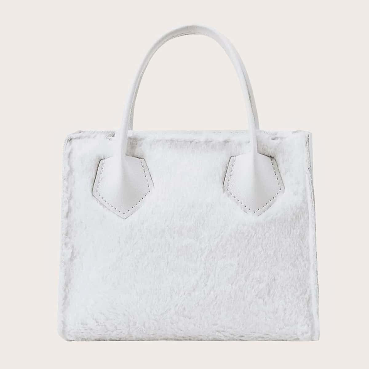 

Solid Fluffy Satchel Bag, White