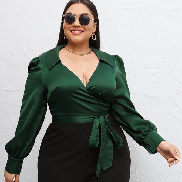 

Plus Satin Puff Sleeve Wrap Tie Front Blouse, Dark green