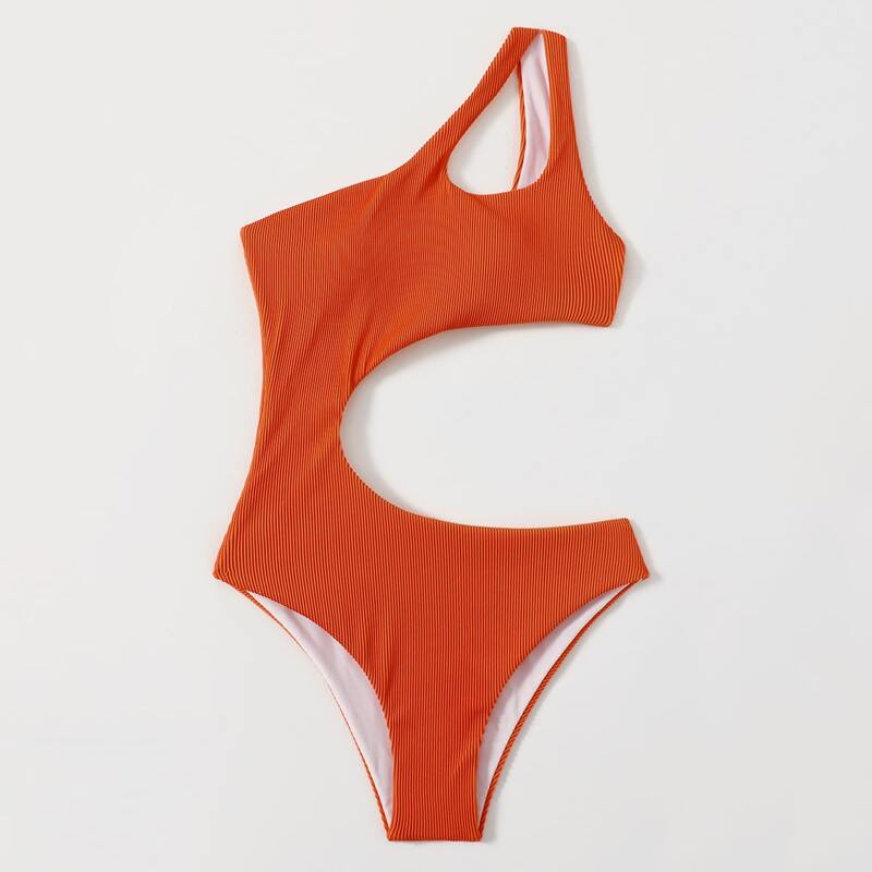 

Rib Cut Out One Shoulder One Piece Swimsuit, Orange