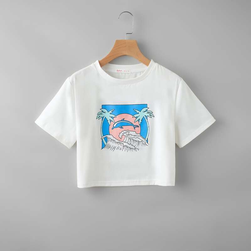 Dolphin & Tropical Graphic Crop Tee, White