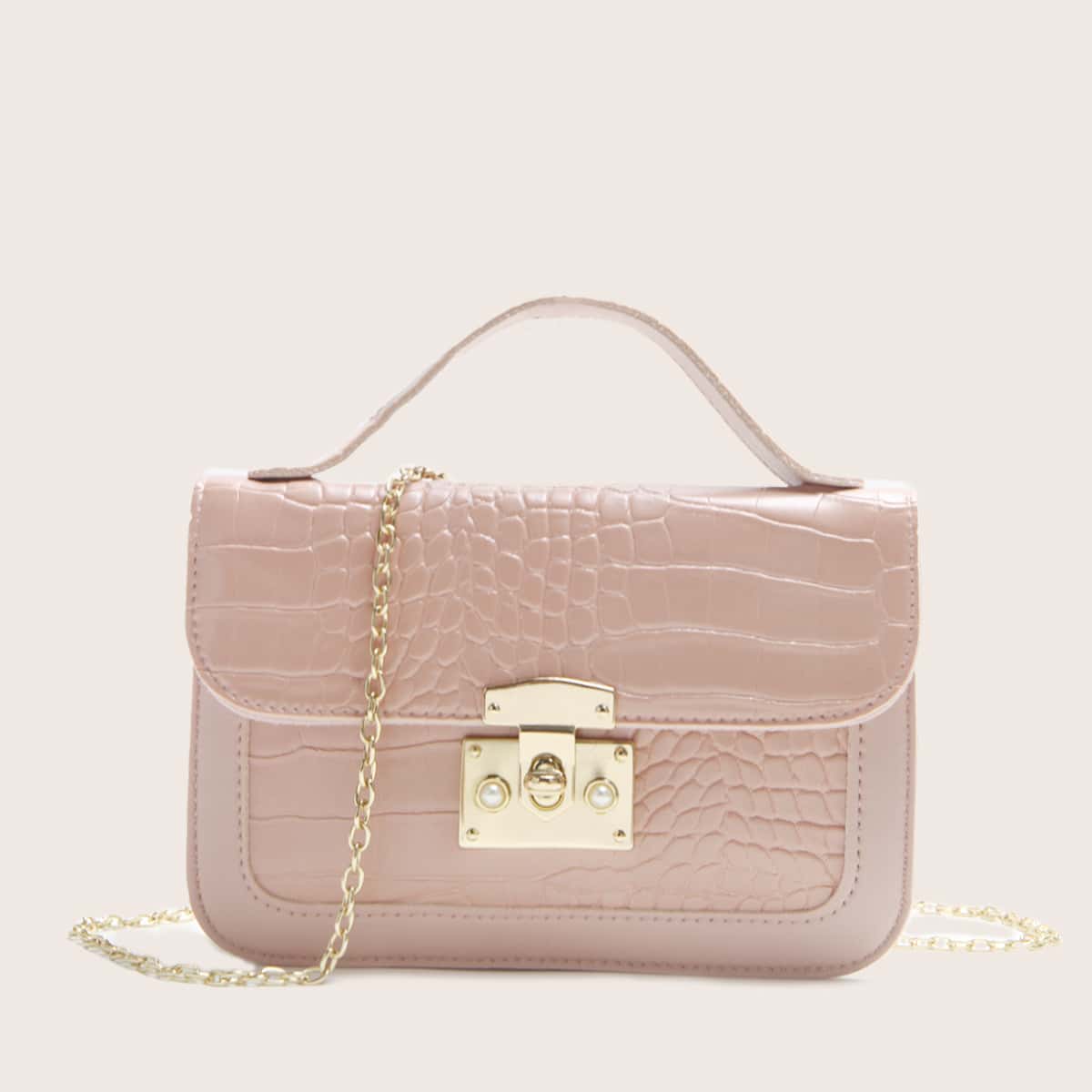 

Croc Embossed Chain Satchel Bag, Baby pink