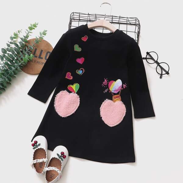 

Toddler Girls Heart Print Patched Dress, Black