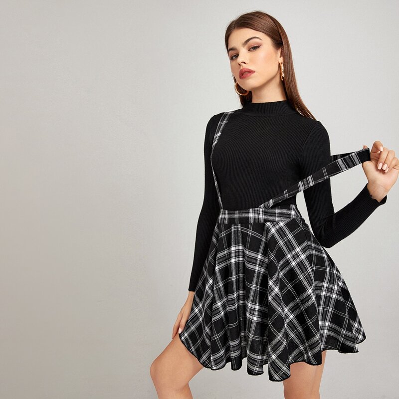

Plaid Pinafore Skirt, Black