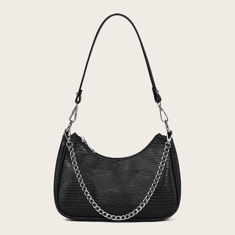 

Lizard Pattern Chain Shoulder Bag, Black