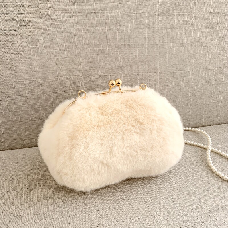 

Solid Faux Pearl Strap Fluffy Crossbody Bag, Beige