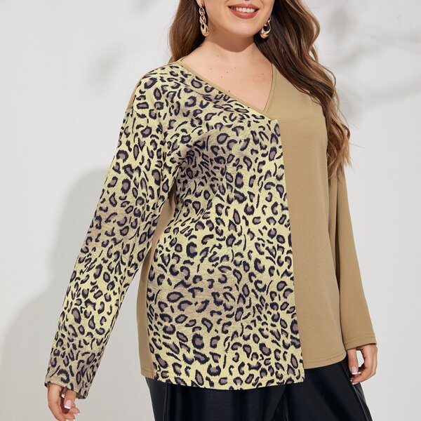 

Plus Spliced Leopard V Neck Tee, Multicolor