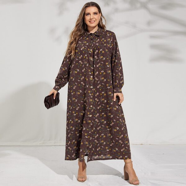 

Plus Allover Floral Shirt Dress, Chocolate brown