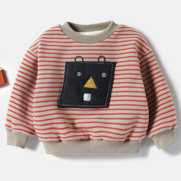 

Baby Boy Cartoon Patched Striped Thermal Sweatshirt, Multicolor
