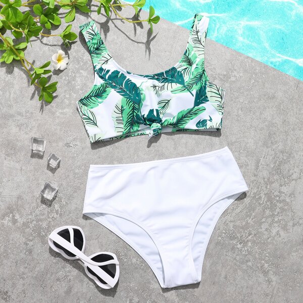 

Girls Leaf Print Knot Hem Bikini Swimsuit, Multicolor