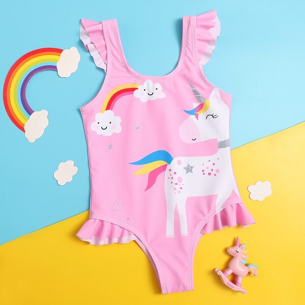 

Toddler Girls Unicorn Print Ruffle One Piece Swimsuit, Pastel baby pink