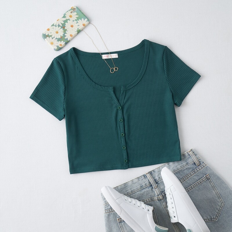 

Solid Ribbed Button Front Crop Tee, Dark green