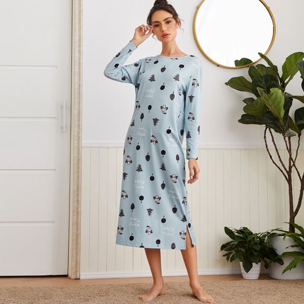 

Split Hem Cartoon & Letter Graphic Nightdress, Baby blue