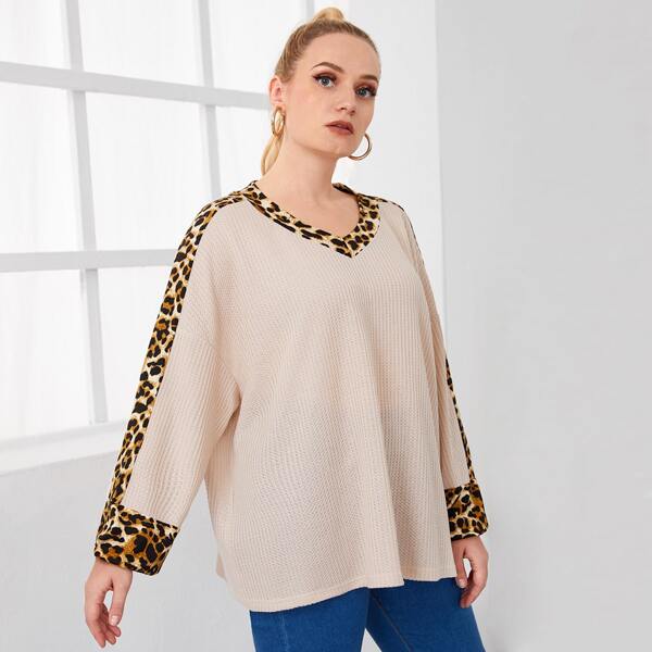 

Plus Leopard Panel Waffle Knit Tee, Apricot