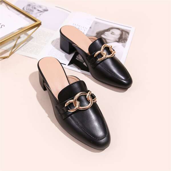 

Metal Chain Decor Chunky Heeled Mules, Black