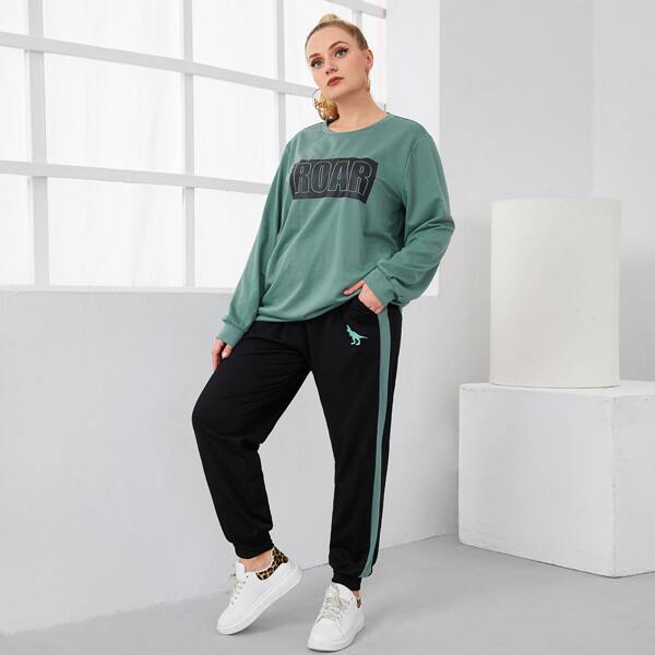 

Plus Letter Graphic Pullover & Striped Side Joggers Set, Multicolor