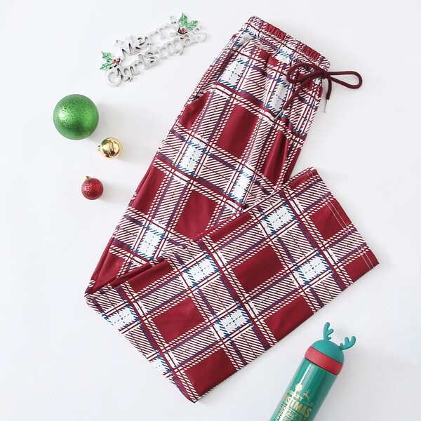 

Plaid Knot Waist Pocket Sleep Pants, Red and white