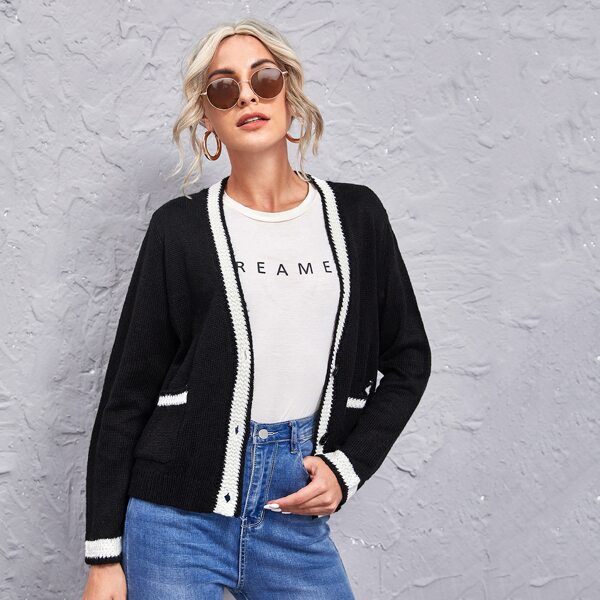 

Striped Trim Button Front Cardigan, Black